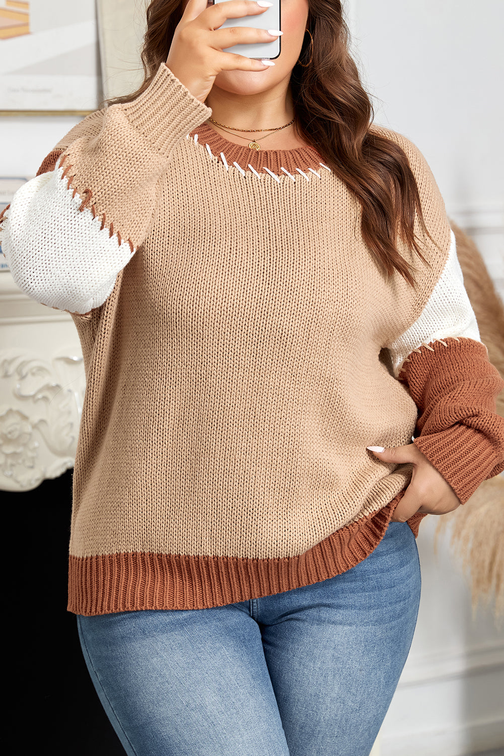 Light French Beige Color Block Knitted Plus Size Sweater Dear-Lover Dropshipping